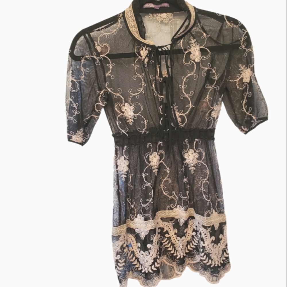 Hale Bob Women's Embroidered Black Sheer top